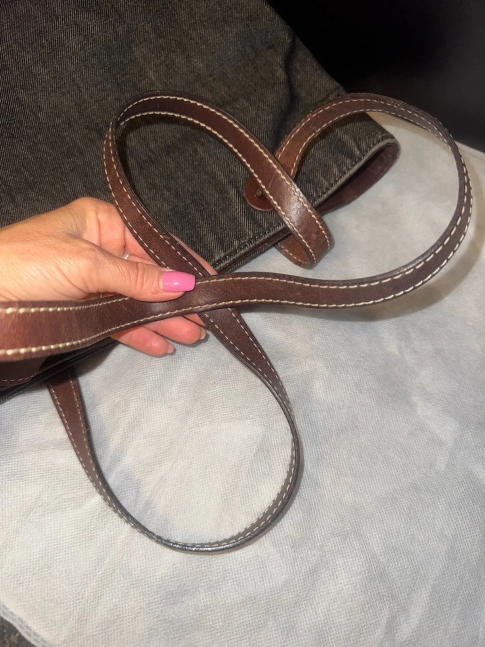 CHANEL Dark Gray Denim Tote with Brown Leather Straps - Picture 11 of 16